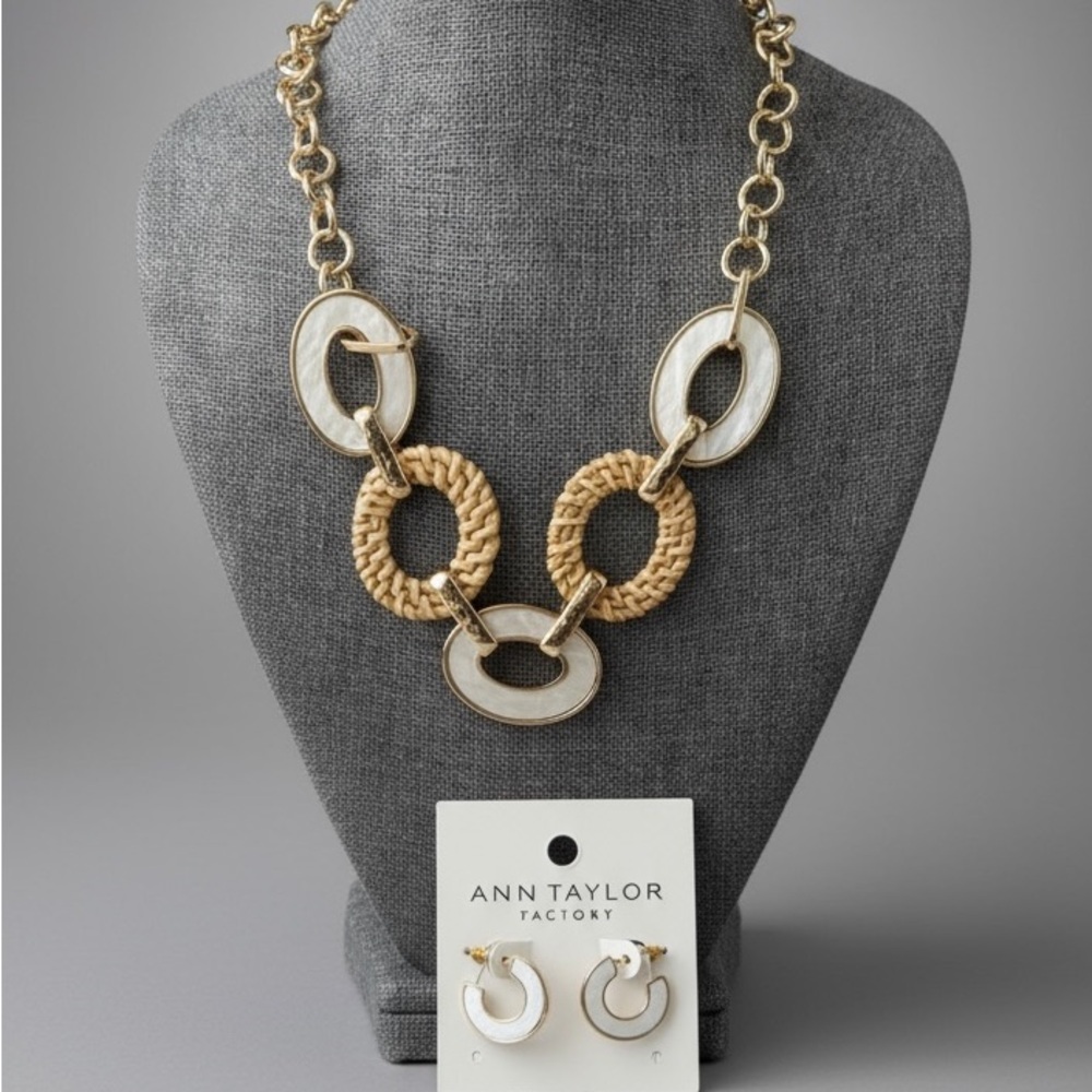 Ann Taylor Mother‎ of Pearl Necklace and Earring Set Gold Tone